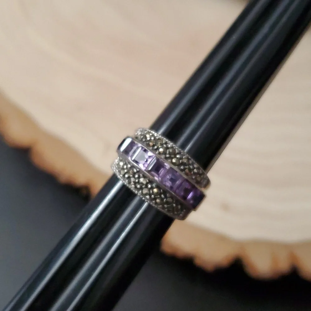 Sterling Silver 925 Twilight Majesty Amethyst and Marcasite Ring